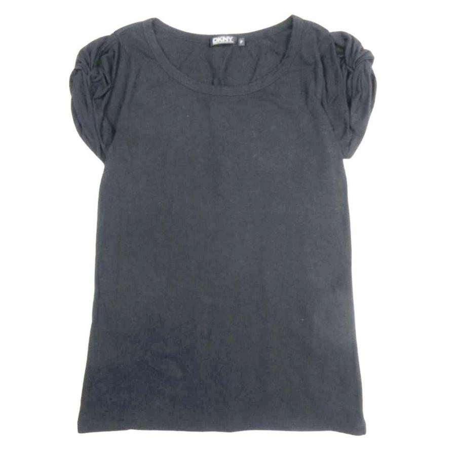 良品 DKNY ダナキャラン ニューヨーク パフスリーブ Tシャツ カットソー プルオーバー クルーネック 半袖 P/XS 黒 ブラック レディース 古着 中古 | DKNY