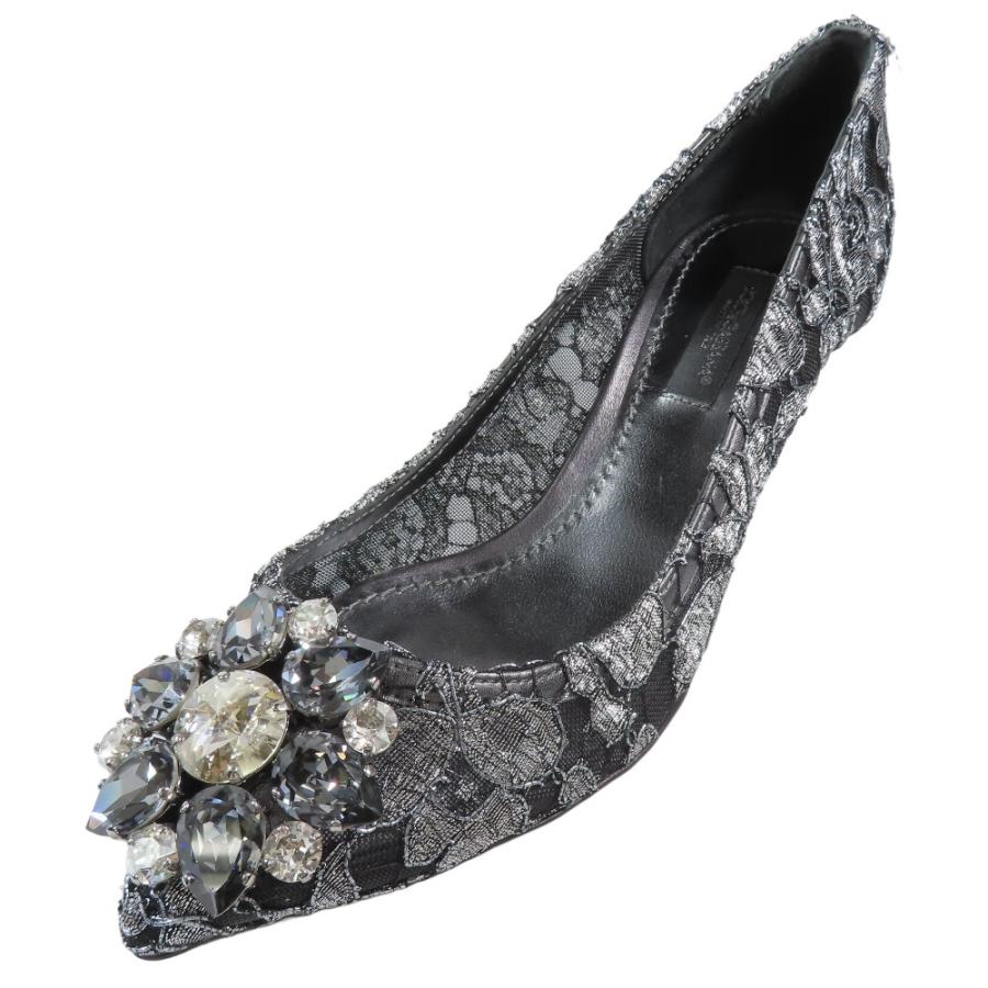 未使用 DOLCE&GABBANA ドルチェ＆ガッバーナ Bellucci 総レース ビジュー パンプス ミドルヒール シューズ 34 ブラック シルバー レディース 古着 中古 | DOLCE&GABBANA