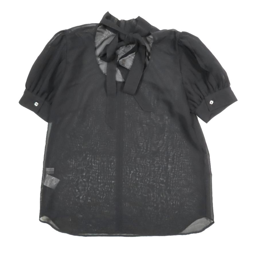 新品同様 BORDRES at BALCONY ボーダーズアットバルコニー パフスリーブ シアー ブラウス シャツ 半袖 ネックリボン ブラック 36 レディース 古着 中古 | BORDERS at BALCONY | 01
