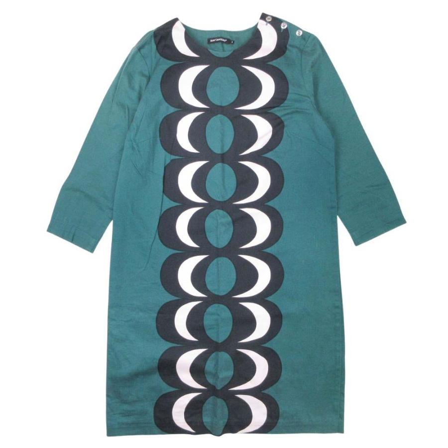 良品 marimekko マリメッコ Kaivo カイヴォ 総柄 プリント ワンピース 七分袖 膝丈 ハーフ チュニック ストレッチ 36 緑 レディース 古着 中古 | marimekko
