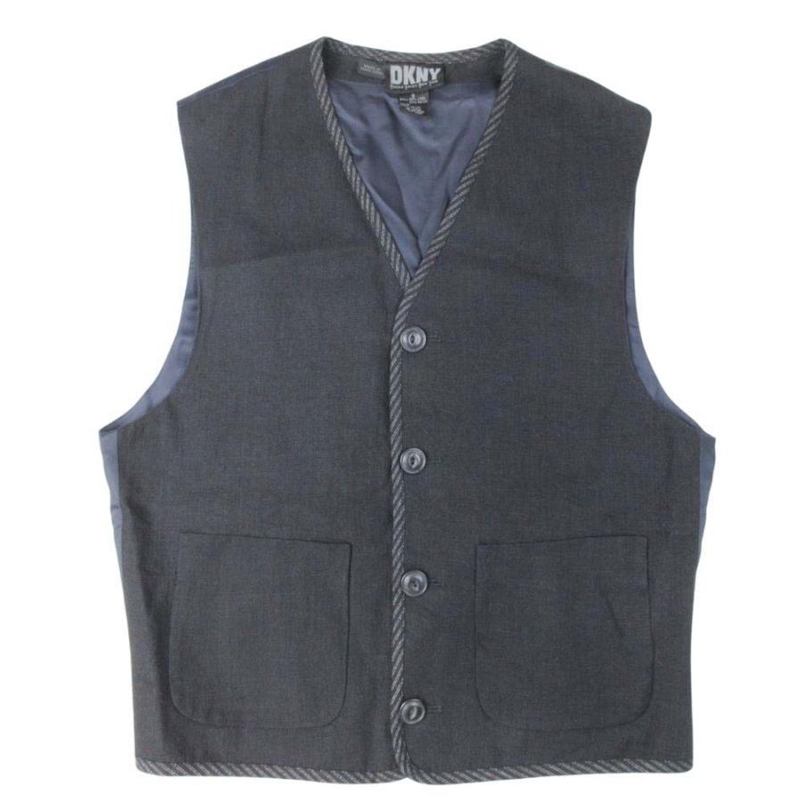 美品 90's DKNY ダナキャラン ニューヨーク リネン混 ベスト ジレ 異素材切替 Vネック ヴィンテージ S チャコール×ネイビー メンズ 古着 中古 | DKNY