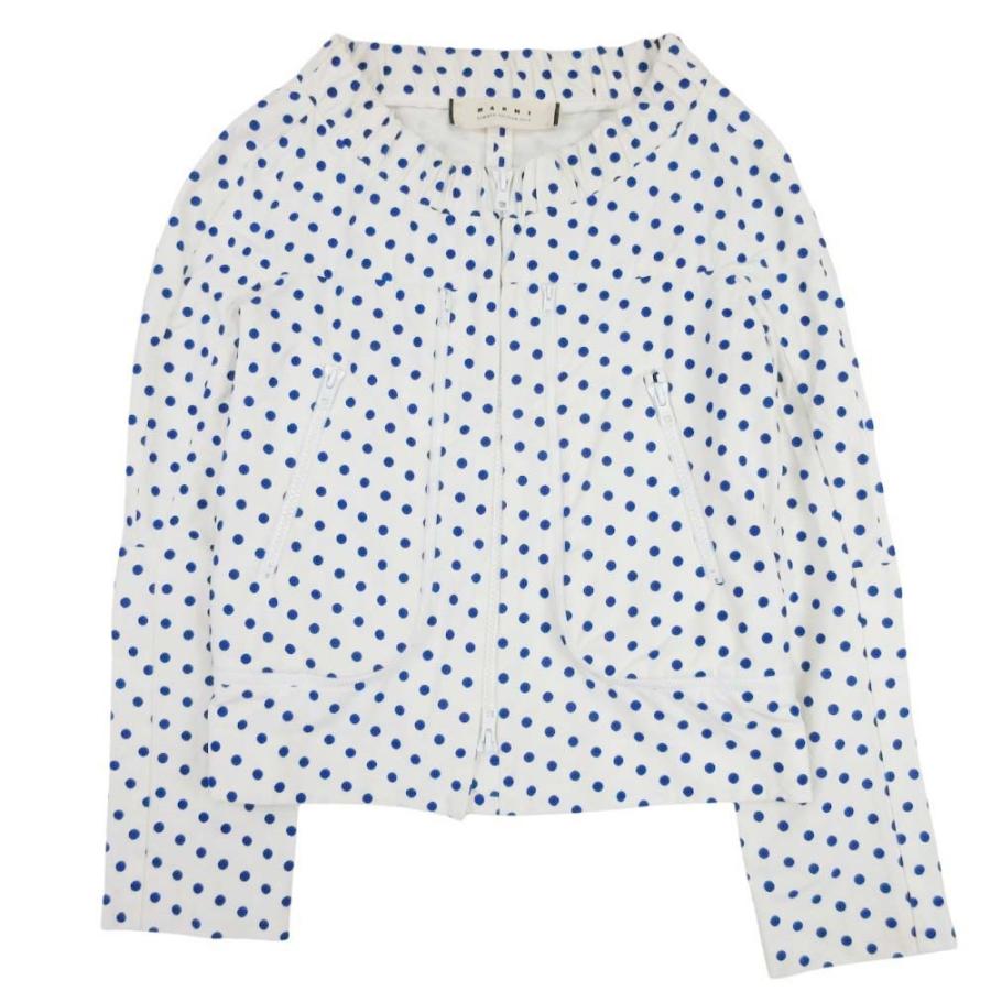 良品 10ss MARNI マルニ ドット ノーカラー ジップ ジャケット ブルゾン アウター 薄手 38 オフ白 オフホワイト×ブルー レディース 古着 中古 | MARNI