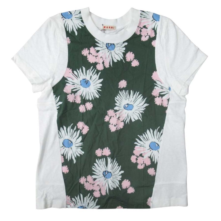 美品 MARNI マルニ 布帛 フラワープリント Tシャツ 半袖 ジャージ生地 カットソー 花柄 38 白 ホワイト ダークグリーン レディース 古着 中古 | MARNI