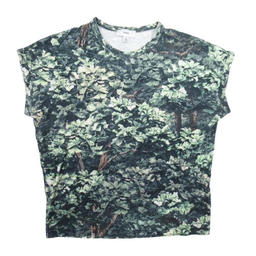 良品 HYKE ハイク R/L CAMO NO-SLEEVE T-SHIRT Tシャツ リアルリーフ カモプリント 総柄 トップス カットソー 1 グリーン系 レディース 古着 中古 | HYKE