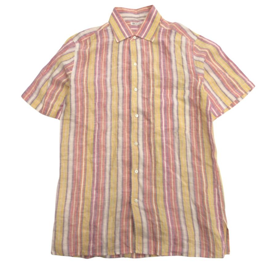 美品 Loro Piana ロロピアーナ リネン 半袖 シャツ カットソー ストライプ ボックスシルエット M ピンク×マルチ メンズ 古着 中古 | Loro Piana
