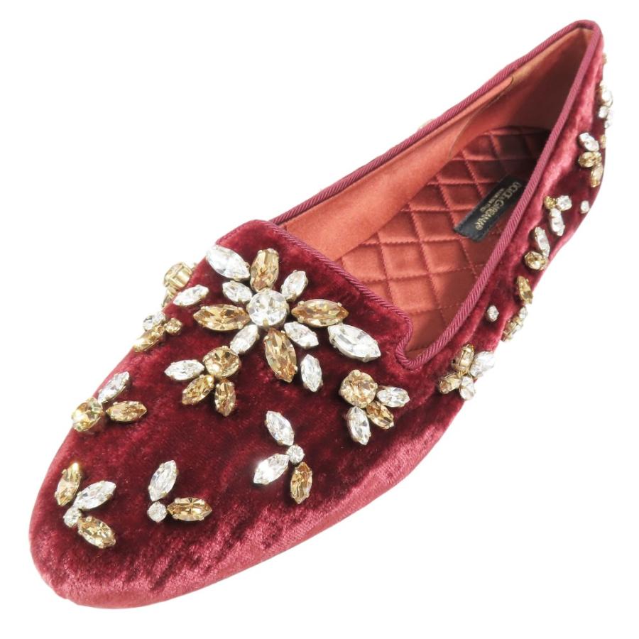 未使用 DOLCE&GABBANA ドルチェ＆ガッバーナ ベロア ビジュー フラットシューズ パンプス スリッポン 靴 ベルベット 36 レッド レディース 古着 中古 | DOLCE&GABBANA