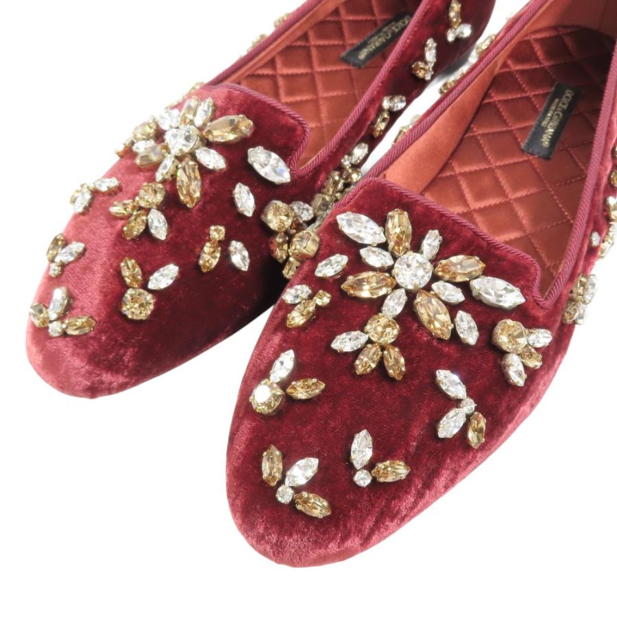 未使用 DOLCE&GABBANA ドルチェ＆ガッバーナ ベロア ビジュー フラットシューズ パンプス スリッポン 靴 ベルベット 36 レッド レディース 古着 中古 | DOLCE&GABBANA | 05