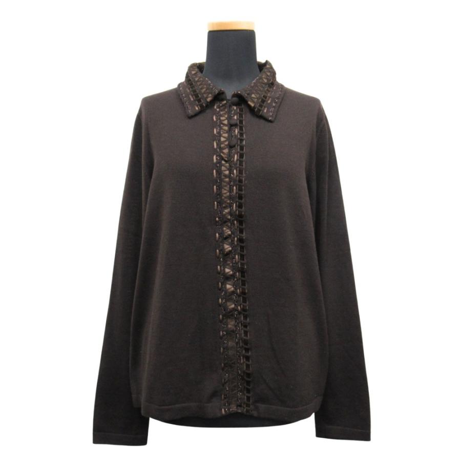 美品 HERNO ヘルノ ウール ニット ポロシャツ カットソー 長袖 大きいサイズ 46 XL 茶 ブラウン レディース 古着 中古 | HERNO