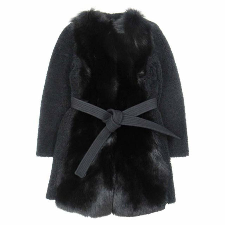 未使用 BLANCHA ブランカ Sagafurs ムートン x ファー コンビ ノーカラーコート シープスキン ブルーフォックス 38 黒 ブラック レディース 古着 中古 | BLANCHA