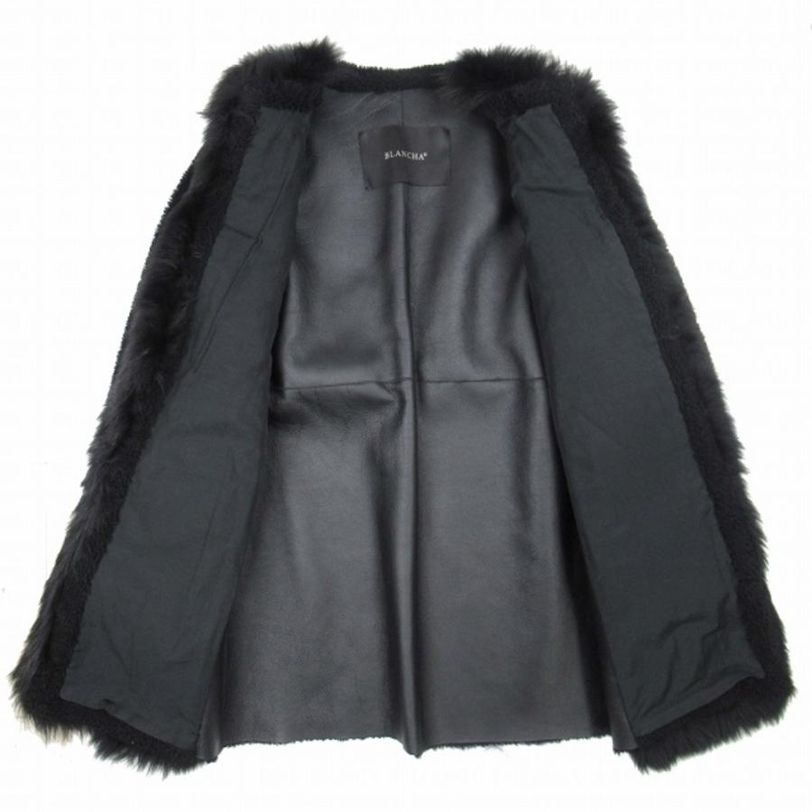 未使用 BLANCHA ブランカ Sagafurs ムートン x ファー コンビ ノーカラーコート シープスキン ブルーフォックス 38 黒 ブラック レディース 古着 中古 | BLANCHA | 01