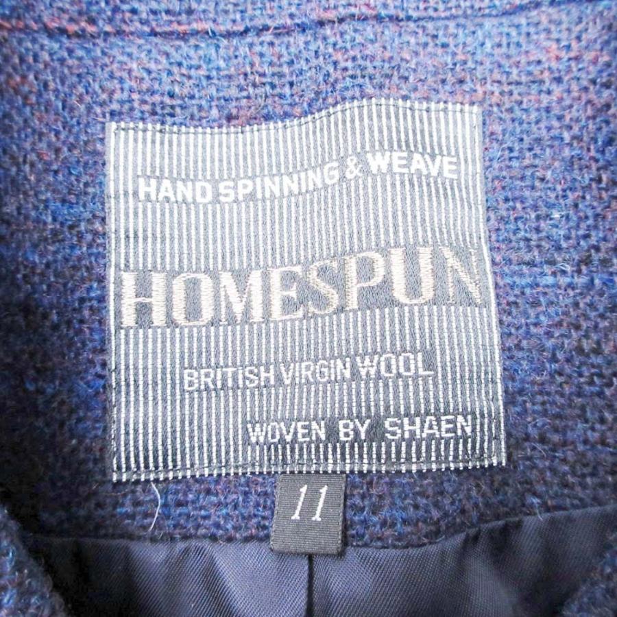 美品 HOMESPAN ホームスパン ウール 丸襟 コート ステンカラー ジャケット ブルゾン アウター 上着 比翼 11 青 ブルー レディース 古着 中古 | homspun | 04