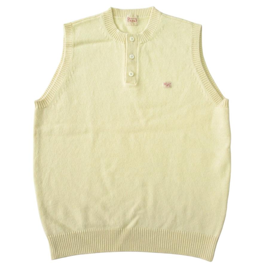 美品 Papas パパス ウール ニット ベスト カットソー ノースリーブ ヘンリーネック サイズM 黄 イエロー メンズ 古着 中古 | PAPAS