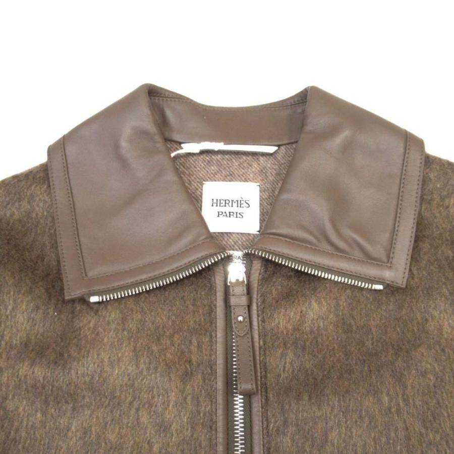 未使用 22aw HERMES エルメス Rocabar カシミヤモヘア シャギー ロングコート ラムレザートリム 羊革 アウター 34 ブラウン カーキ レディース 古着 中古の画像