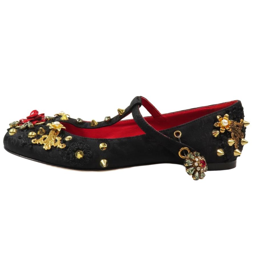 未使用 DOLCE&GABBANA ドルチェ＆ガッバーナ 総レース Tストラップ メリージェーン パンプス スタッズ シューズ 花 ビジュー 38黒 レディース 古着 中古_1