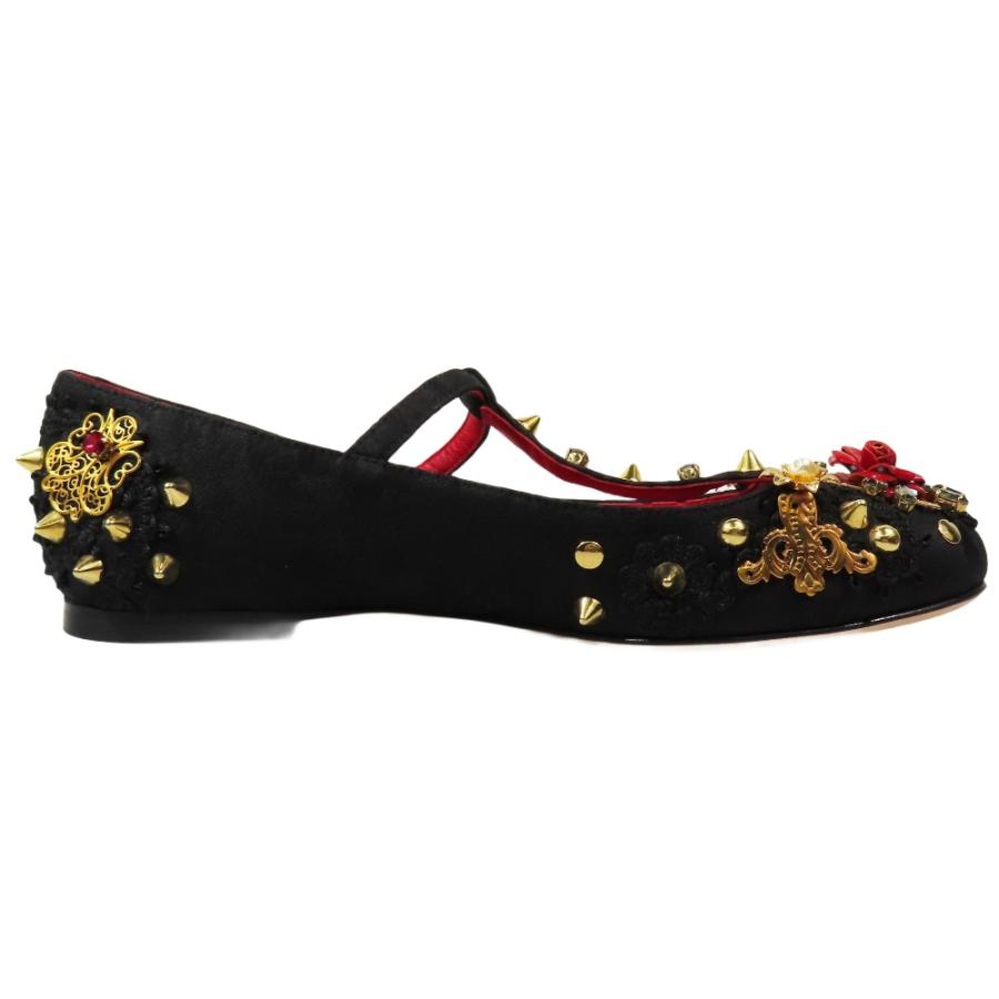 未使用 DOLCE&GABBANA ドルチェ＆ガッバーナ 総レース Tストラップ メリージェーン パンプス スタッズ シューズ 花 ビジュー 38黒 レディース 古着 中古_3