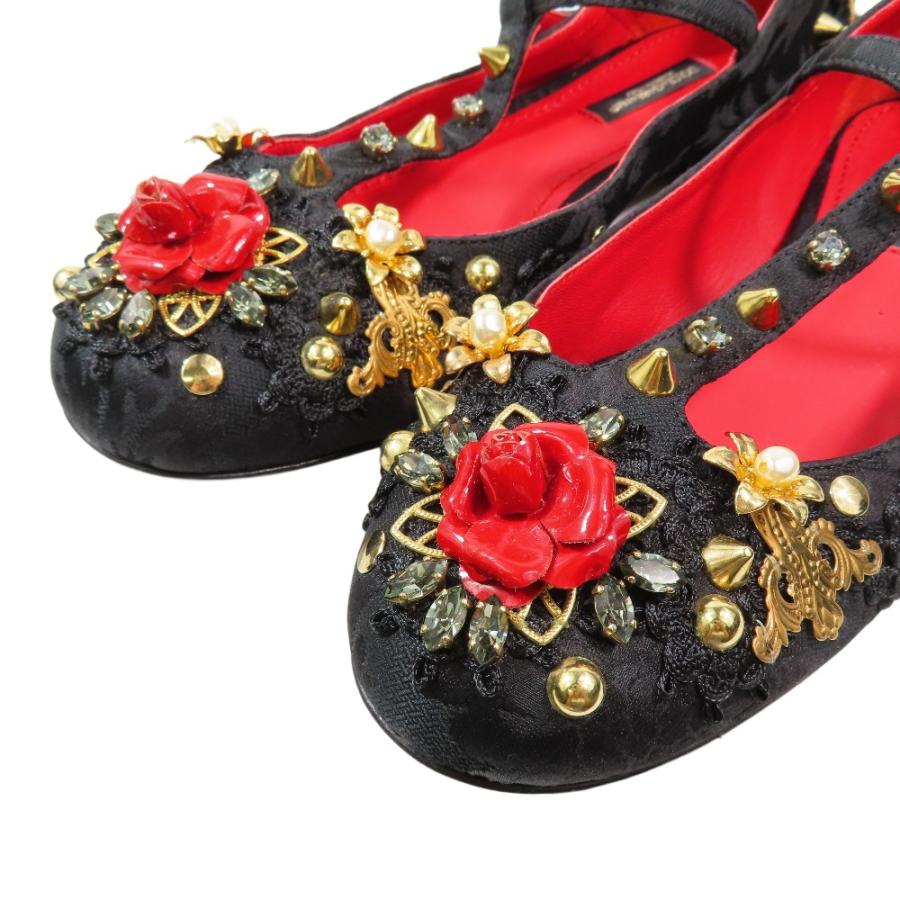 未使用 DOLCE&GABBANA ドルチェ＆ガッバーナ 総レース Tストラップ メリージェーン パンプス スタッズ シューズ 花 ビジュー 38黒 レディース 古着 中古_5
