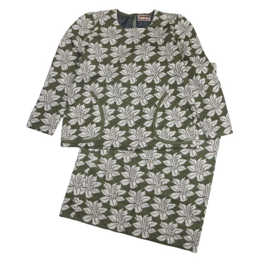 美品 トヨコサイトウ 斎藤都世子 バックジップ ニット セーター 花柄 ロング スカート セットアップ 深緑 ダークグリーン レディース 古着 中古 | 