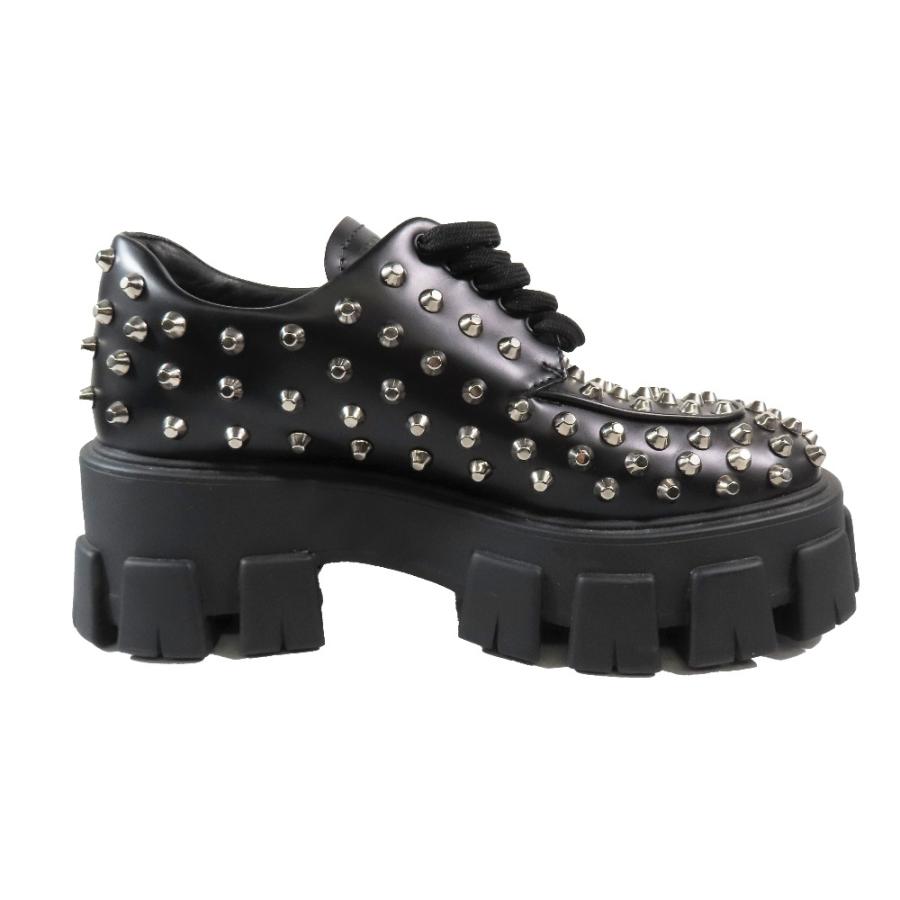 新品同様 PRADA プラダ 714 モノリス ブラッシュドレザー 厚底 スタッズ ローファー レースアップ 靴 シューズ ブラック 35.5/22.5cm レディース 古着 中古_1