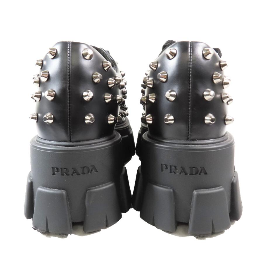 新品同様 PRADA プラダ 714 モノリス ブラッシュドレザー 厚底 スタッズ ローファー レースアップ 靴 シューズ ブラック 35.5/22.5cm レディース 古着 中古_3