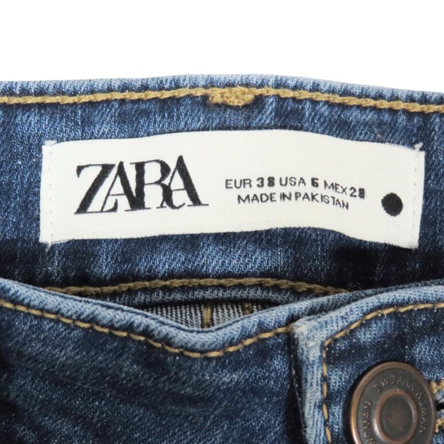 美品 ZARA ザラ デニムパンツ ジーンズ ストレッチ Gパン ボトムス ウォッシュ加工 ロゴボタン 38 青 インディゴブルー レディース 古着 中古 | ZARA | 05