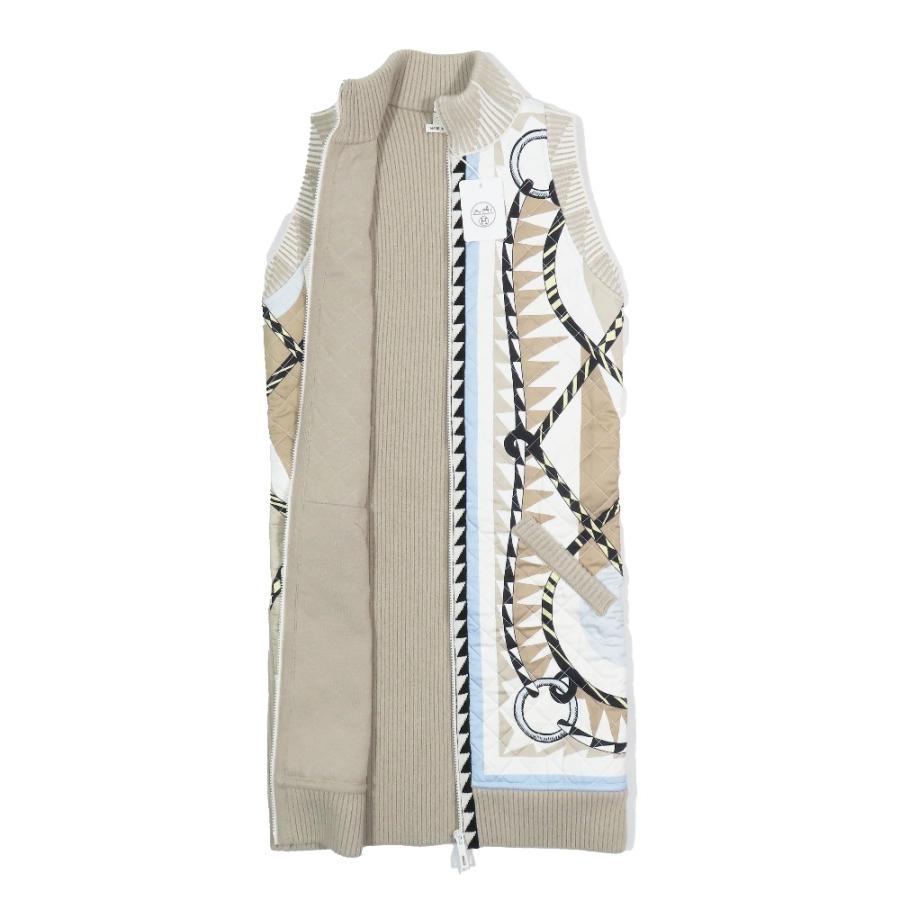 未使用 HERMES エルメス ツイルレーヌ カシシル スカーフプリント ニット切替 キルティング ロングダウンベスト ジレ ベージュ 36 レディース 古着 中古 | HERMES | 02