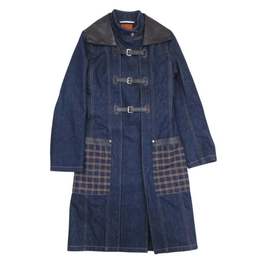 未使用 21aw HERMES エルメス ムートン レザーカラー 2way レザーコンビ デニムロングコート アウター 34 インディゴブルー レディース 古着 中古の画像