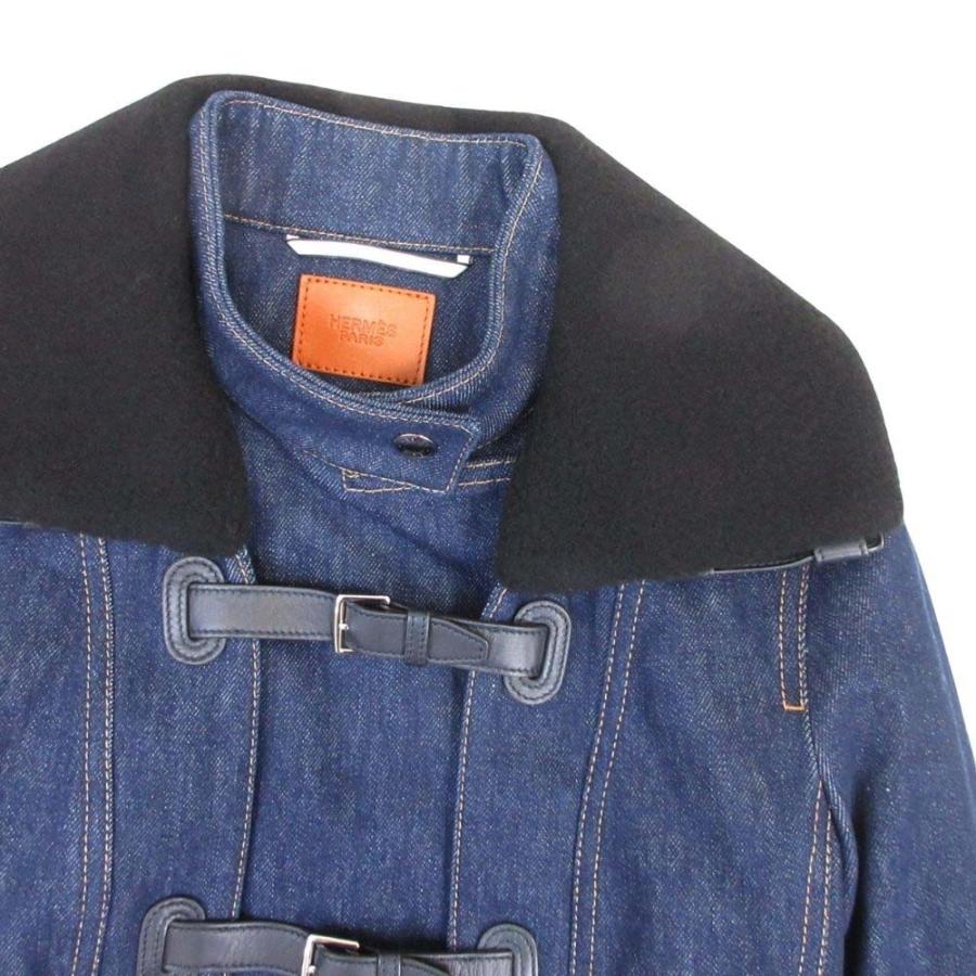 未使用 21aw HERMES エルメス ムートン レザーカラー 2way レザーコンビ デニムロングコート アウター 34 インディゴブルー レディース 古着 中古の画像