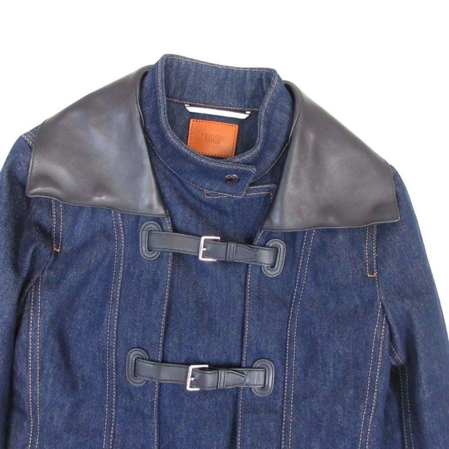 未使用 21aw HERMES エルメス ムートン レザーカラー 2way レザーコンビ デニムロングコート アウター 34 インディゴブルー レディース 古着 中古の画像