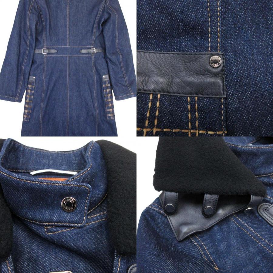未使用 21aw HERMES エルメス ムートン レザーカラー 2way レザーコンビ デニムロングコート アウター 34 インディゴブルー レディース 古着 中古の画像