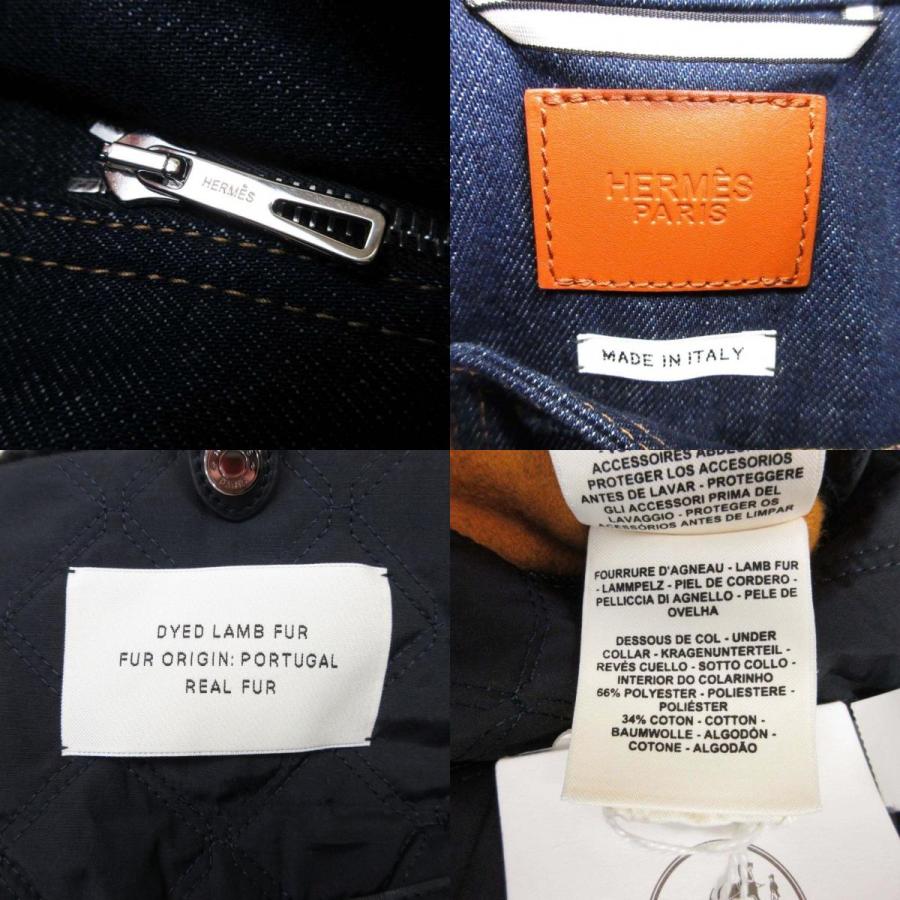 未使用 21aw HERMES エルメス ムートン レザーカラー 2way レザーコンビ デニムロングコート アウター 34 インディゴブルー レディース 古着 中古の画像