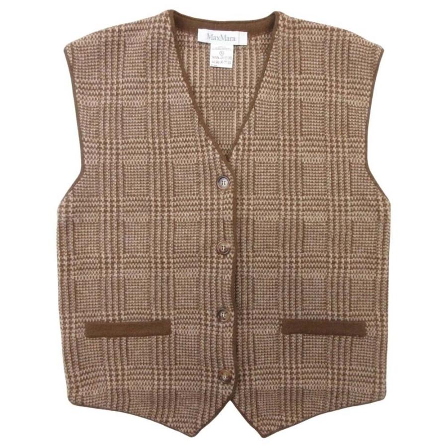 美品 Max Mara マックスマーラ 白タグ グレンチェック ニットベスト アンゴラブレンド ジレ Vネック S ベージュ レディース 古着 中古 | Max Mara