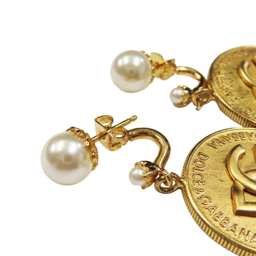 新品同様 DOLCE&GABBANA ドルチェアンドガッバーナ DGロゴ コインモチーフ パール ドロップ ピアス アクセサリー ゴールド レディース 古着 中古_2