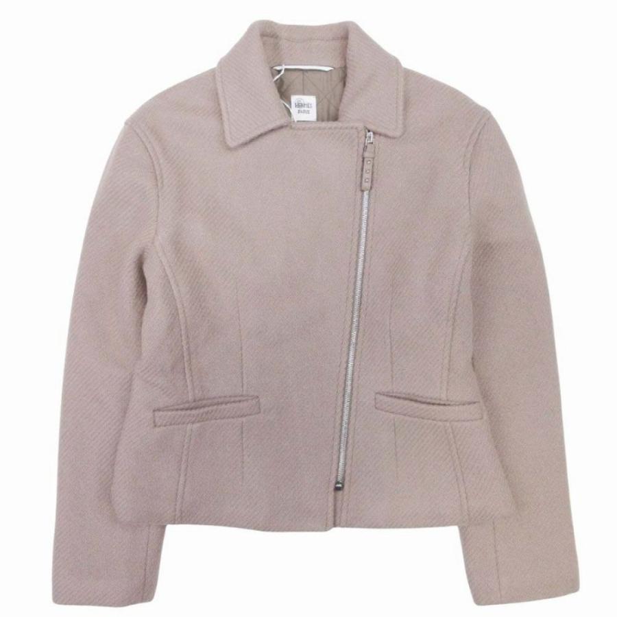 未使用 HERMES エルメス 23aw カシミヤ100％ ダブルライダース ジャケット ブルゾン コート メドール金具 38 ベージュ レディース 古着 中古の画像