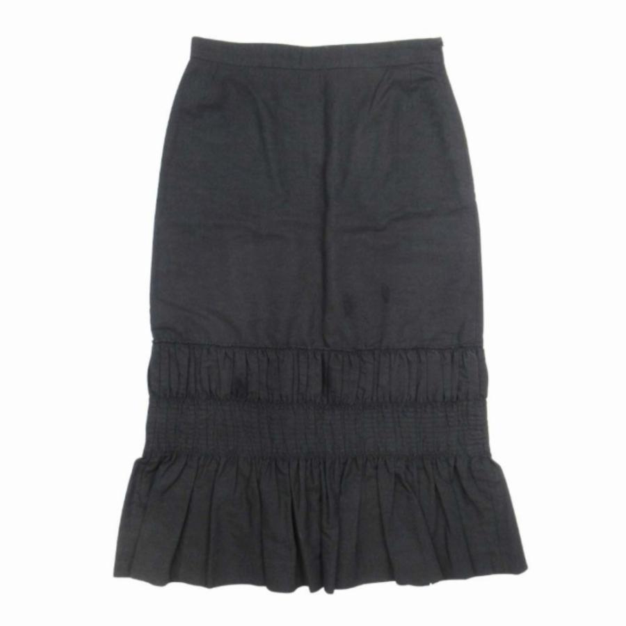 美品 DRIES VAN NOTEN ドリスヴァンノッテン シャーリングデザイン ミモレスカート コットンリネン 膝下丈 ギャザー 34 黒 レディース 古着 中古 | DRIES VAN NOTEN