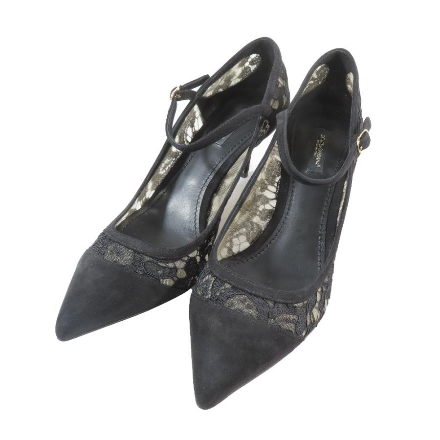 新品同様 DOLCE&GABBANA ドルチェアンドガッバーナ パンプス レース スエード レザー ポインテッドトゥ ヒール シューズ 39 黒 レディース 古着 中古_2