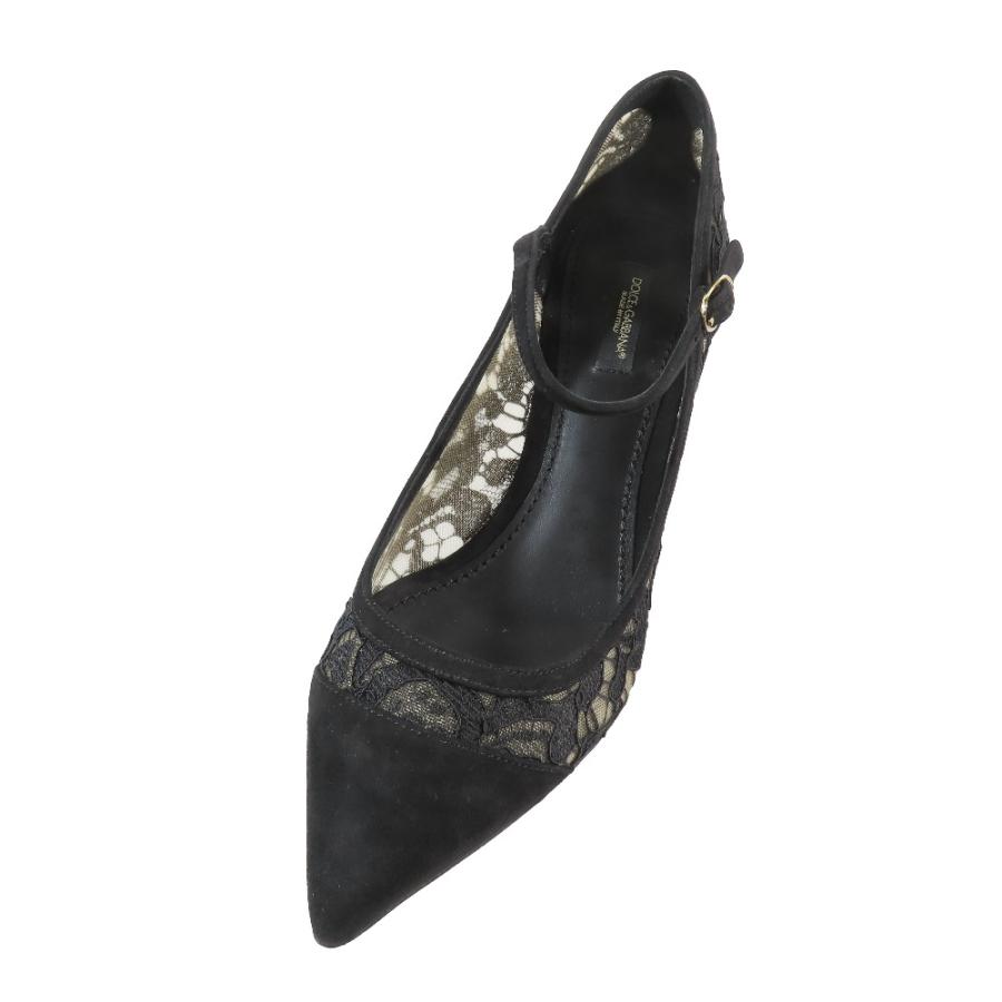 新品同様 DOLCE&GABBANA ドルチェアンドガッバーナ パンプス レース スエード レザー ポインテッドトゥ ヒール シューズ 39 黒 レディース 古着 中古_3