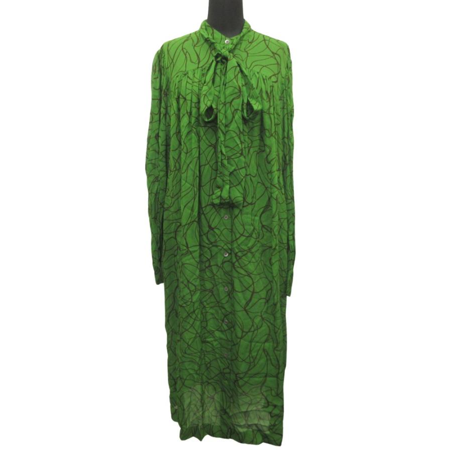 美品 DRIES VAN NOTEN ドリスヴァンノッテン タイネック シアー ワンピース ドレス 総柄 スカーフ カットソー ロング 36 緑 グリーン レディース 古着 中古 | DRIES VAN NOTEN