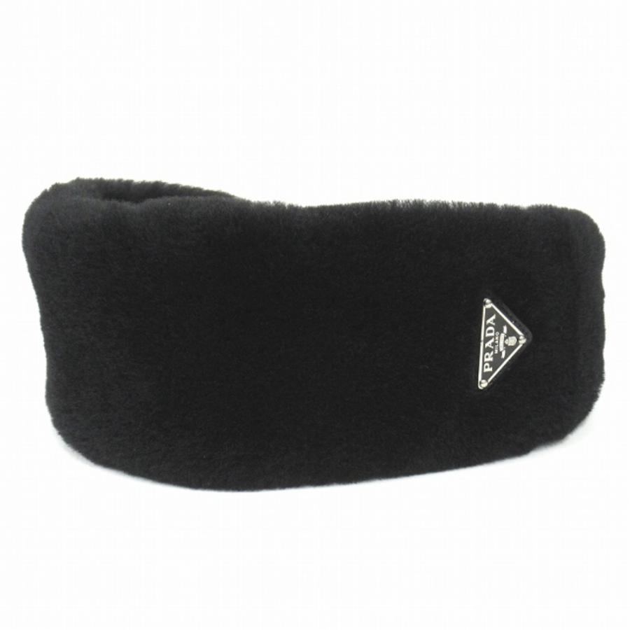 美品 PRADA プラダ ファー ヘッドバンド ヘアバンド カチューシャ ヘアアクセサリー トライアングルロゴ 近年モデル 1IH031 ブラック レディース 古着 中古 | PRADA