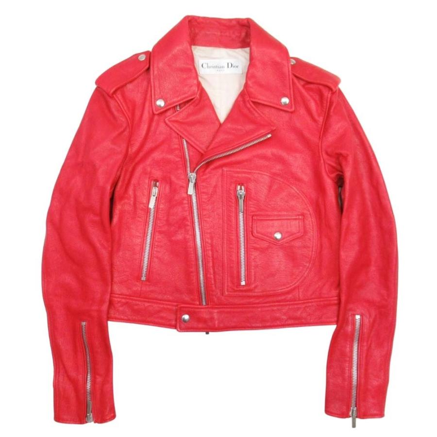 美品 Christian Dior クリスチャンディオール 17aw ゴートスキン ダブルライダース バイカージャケット やぎ革 アウター 36 赤 レディース 古着 中古 | Christian Dior