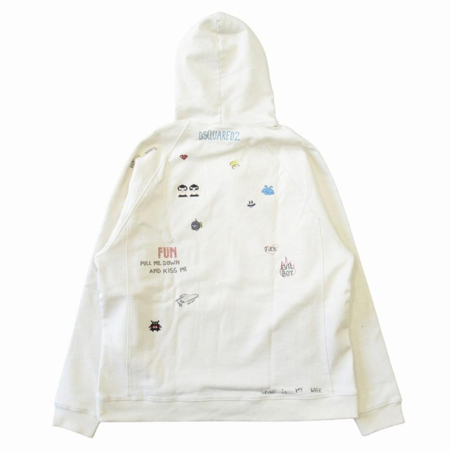 新品同様 DSQUARED2 ディースクエアード 23AW プルオーバー パーカー スウェット ロゴ 刺繡 ラインストーン 総柄 S オフホワイト系 メンズ 古着 中古 USED DSQUARED2（ディースクエアード） 新品同様 23AW プルオーバー