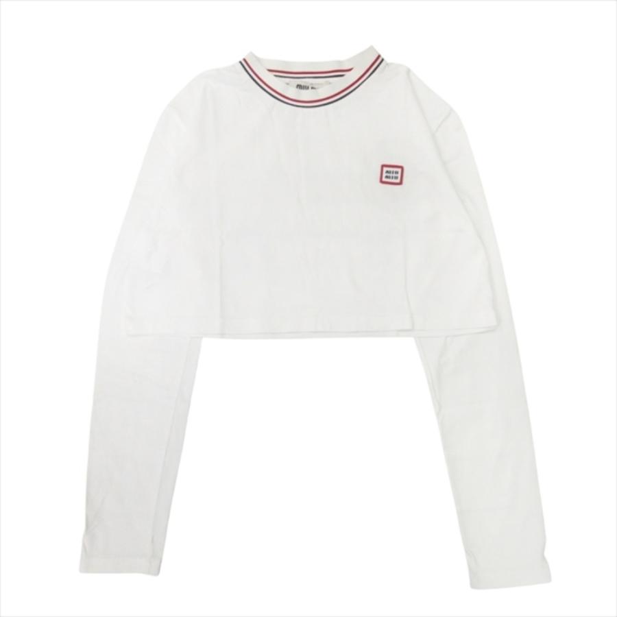 新品同様 MIUMIU ミュウミュウ 22aw クロップド ロング Tシャツ カットソー 長袖 ロゴ ワッペン トリコロール S 白 ホワイト レディース 古着 中古 | miu miu