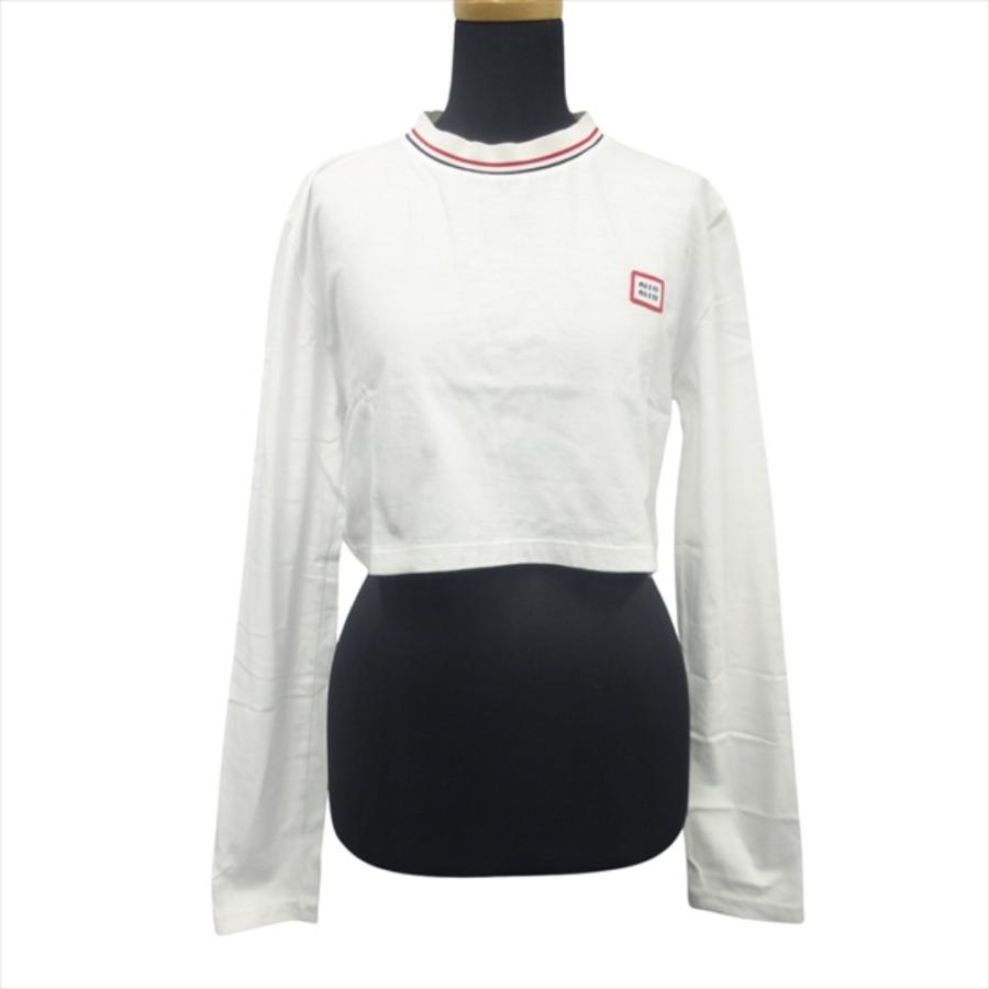 新品同様 MIUMIU ミュウミュウ 22aw クロップド ロング Tシャツ カットソー 長袖 ロゴ ワッペン トリコロール S 白 ホワイト レディース 古着 中古 | miu miu | 01