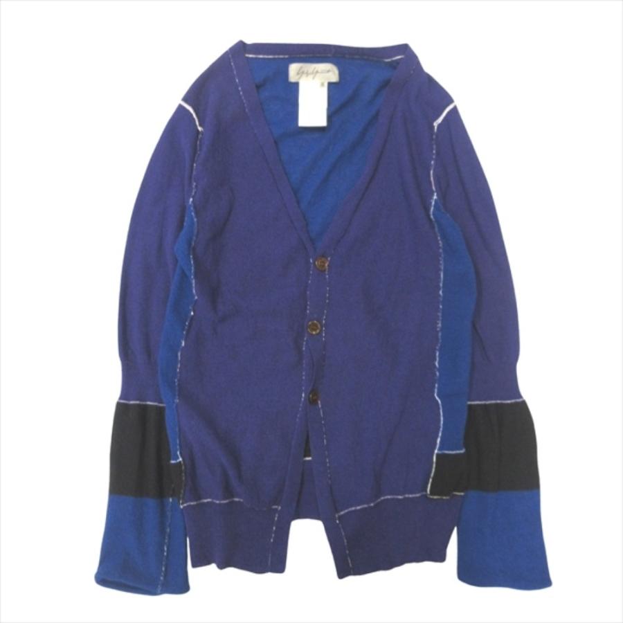 良品 Yohji Yamamoto FEMME ヨウジヤマモト ファム バイカラー パッチワーク カーディガン ニット セーター 2 紫 パープル 青 ブルー レディース 古着 中古 | Yohji Yamamoto