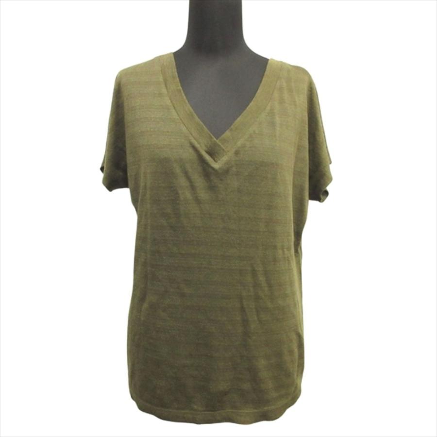 良品 HaaT ISSEY MIYAKE ハート イッセイミヤケ リネン ニット カットソー Tシャツ Vネック ドレープ サイズ2 カーキ レディース 古着 中古 | ISSEY MIYAKE
