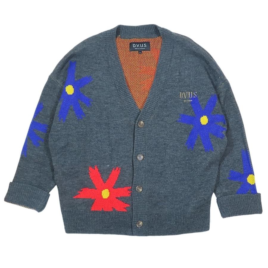 美品 D.V.U.S デビルユース 長袖 ニット カーディガン ロゴ 刺繍 花柄 リブ フラワー トップス L グレー 青 赤 メンズ 古着 中古 | 