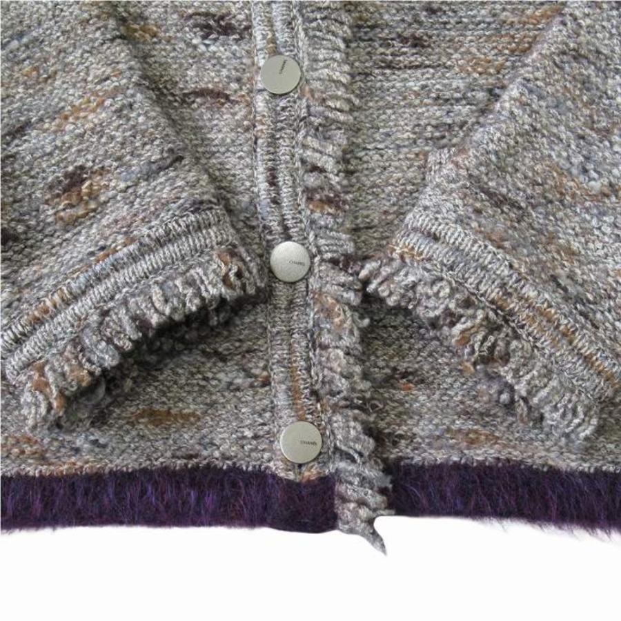 美品 CHANEL シャネル 99A ノーカラー ニット ジャケット ブルゾン カーディガン フリンジ ヴィンテージ サイズ42 グレーブラウン系 レディース 古着 中古の画像