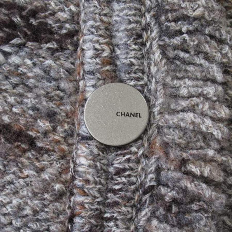 美品 CHANEL シャネル 99A ノーカラー ニット ジャケット ブルゾン カーディガン フリンジ ヴィンテージ サイズ42 グレーブラウン系 レディース 古着 中古の画像
