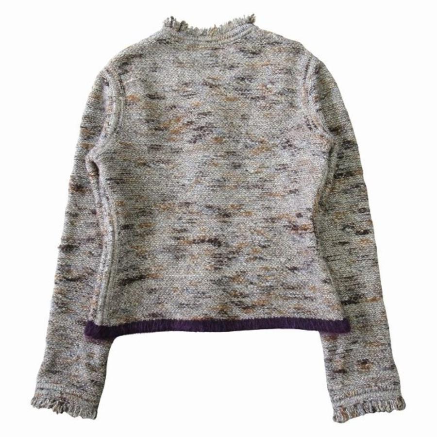 美品 CHANEL シャネル 99A ノーカラー ニット ジャケット ブルゾン カーディガン フリンジ ヴィンテージ サイズ42 グレーブラウン系 レディース 古着 中古の画像