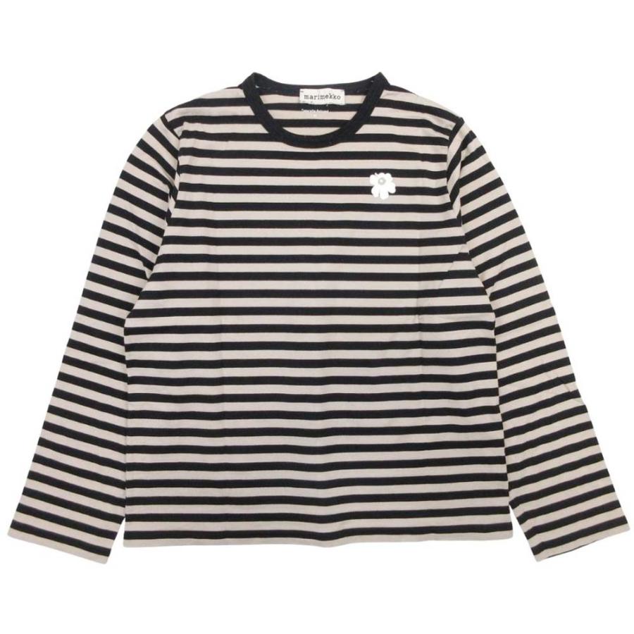 美品 marimekko マリメッコ ボーダー Tシャツ ウニッコ ワンポイント 長袖 ロンT トップス カットソー M ブラック ベージュ レディース 古着 中古 | marimekko