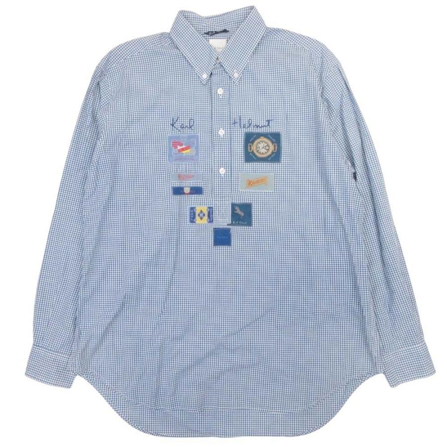 美品 Karl Helmut カールヘルム パッチ ギンガムチェック プルオーバーシャツ カットソー トップス ハーフボタン L 紺 ネイビー メンズ 古着 中古 | Karl Helmut